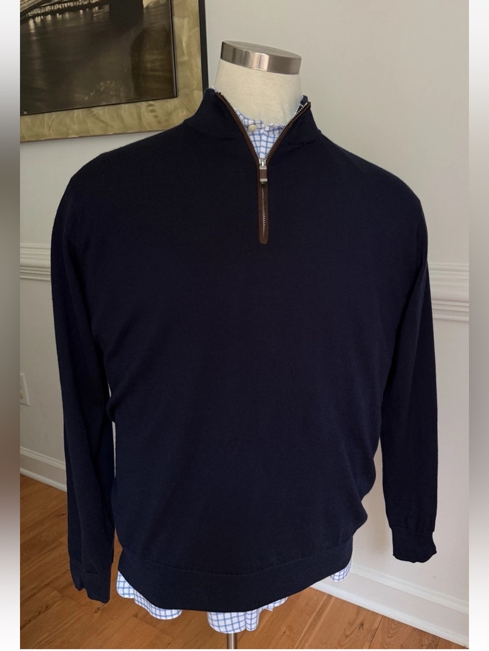 Peter Millar Mens Sz Large Navy Marino Wool 1/4 Zip Sweater